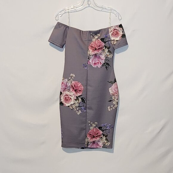 Iris Gray Floral Off-Shoulder Bodycon Cocktail Dress - Small - Picture 2 of 12